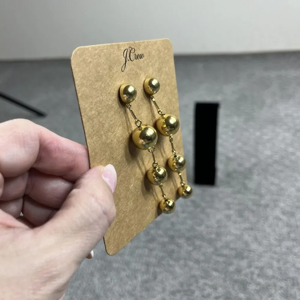 J Crew Earrings Gold Tone Beaded Ball Dangle Drop Women Jewelry Statement Signed - Picture 2 of 5